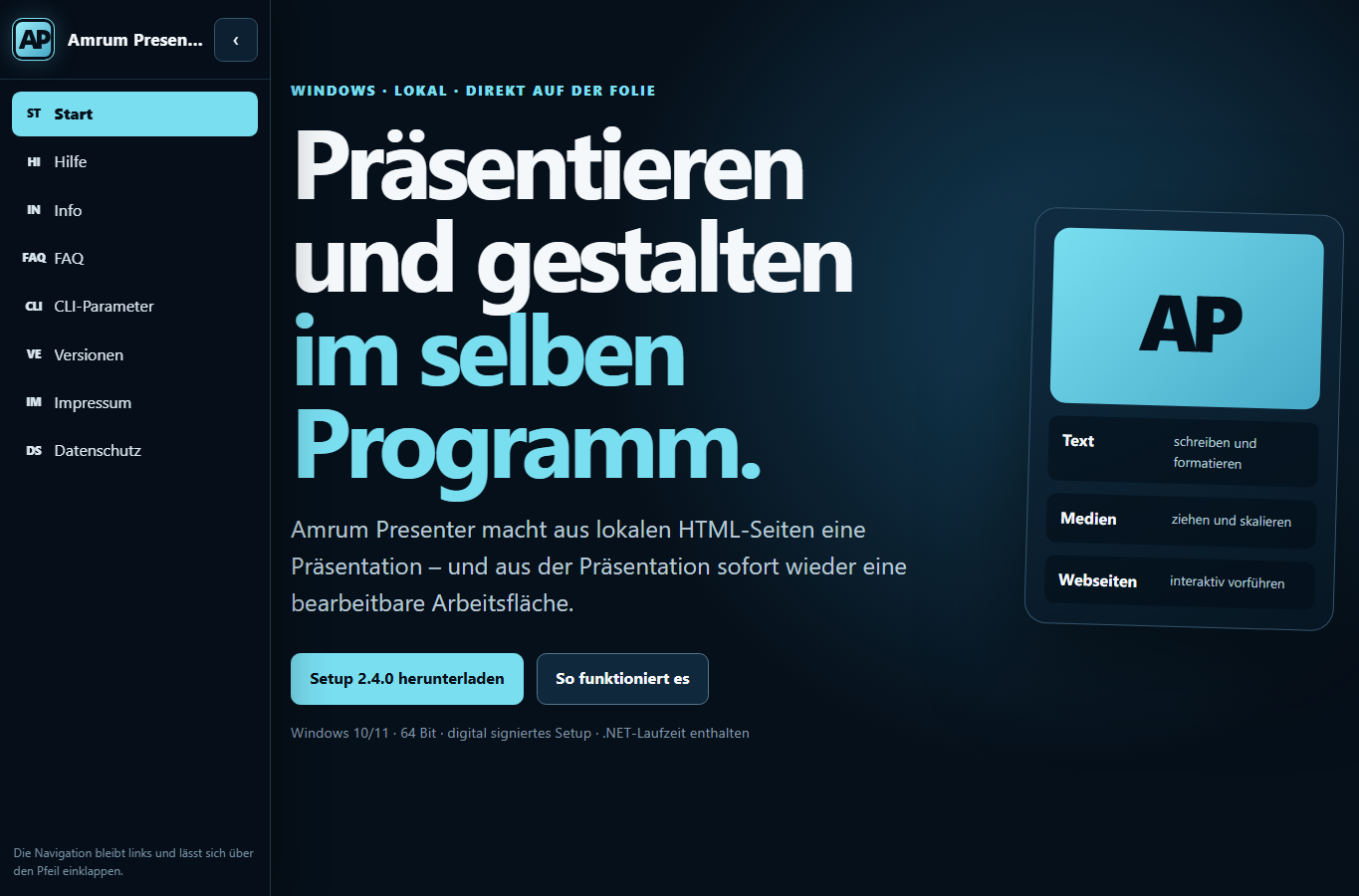 Screenshot: Amrum Presenter · Präsentationen direkt bearbeiten