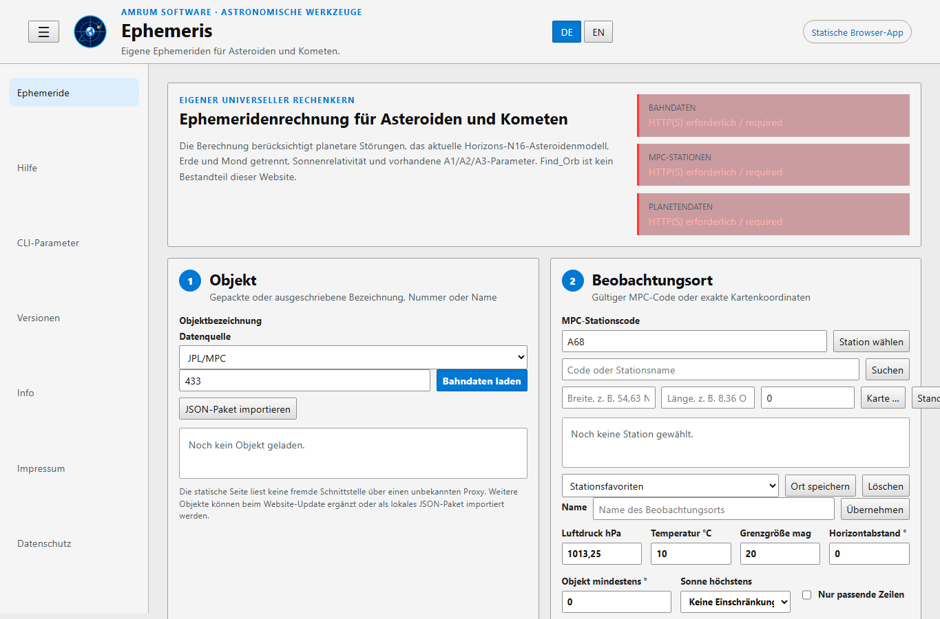 Screenshot: Ephemeris Core