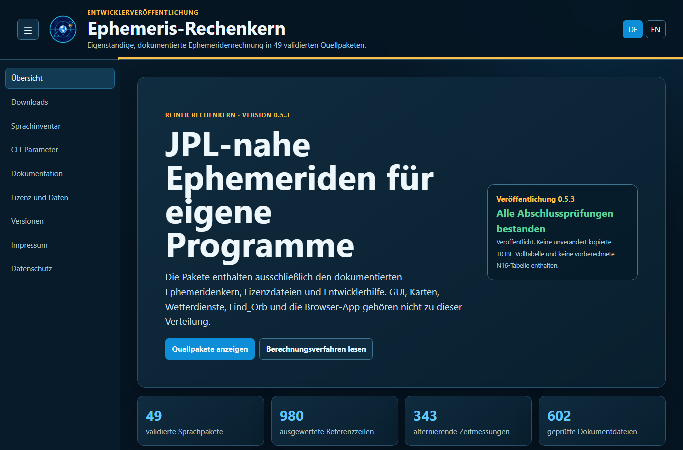 Screenshot: Ephemeris Core