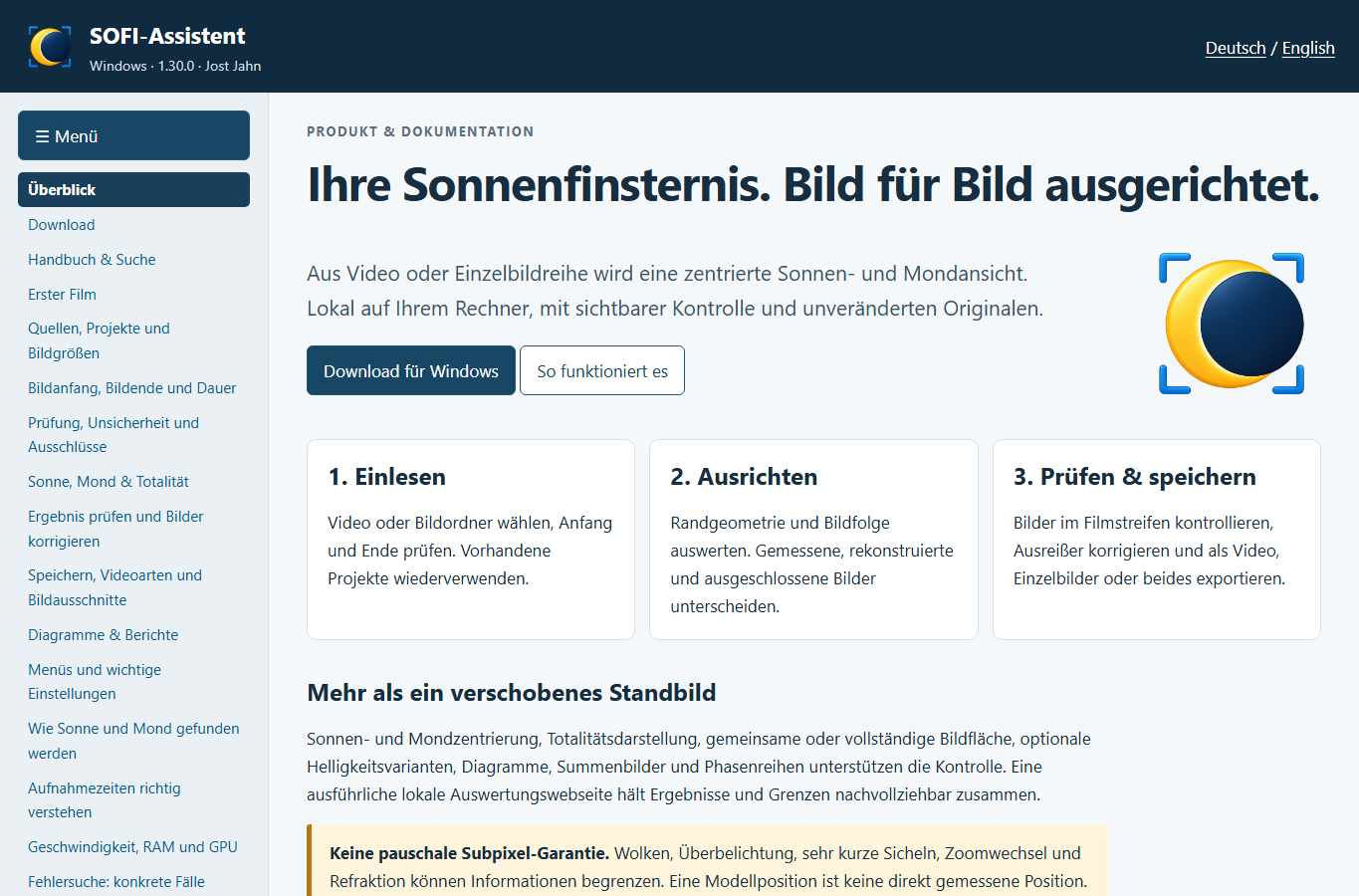 Screenshot: Ihre Sonnenfinsternis. Bild für Bild ausgerichtet. · SOFI-Assistent