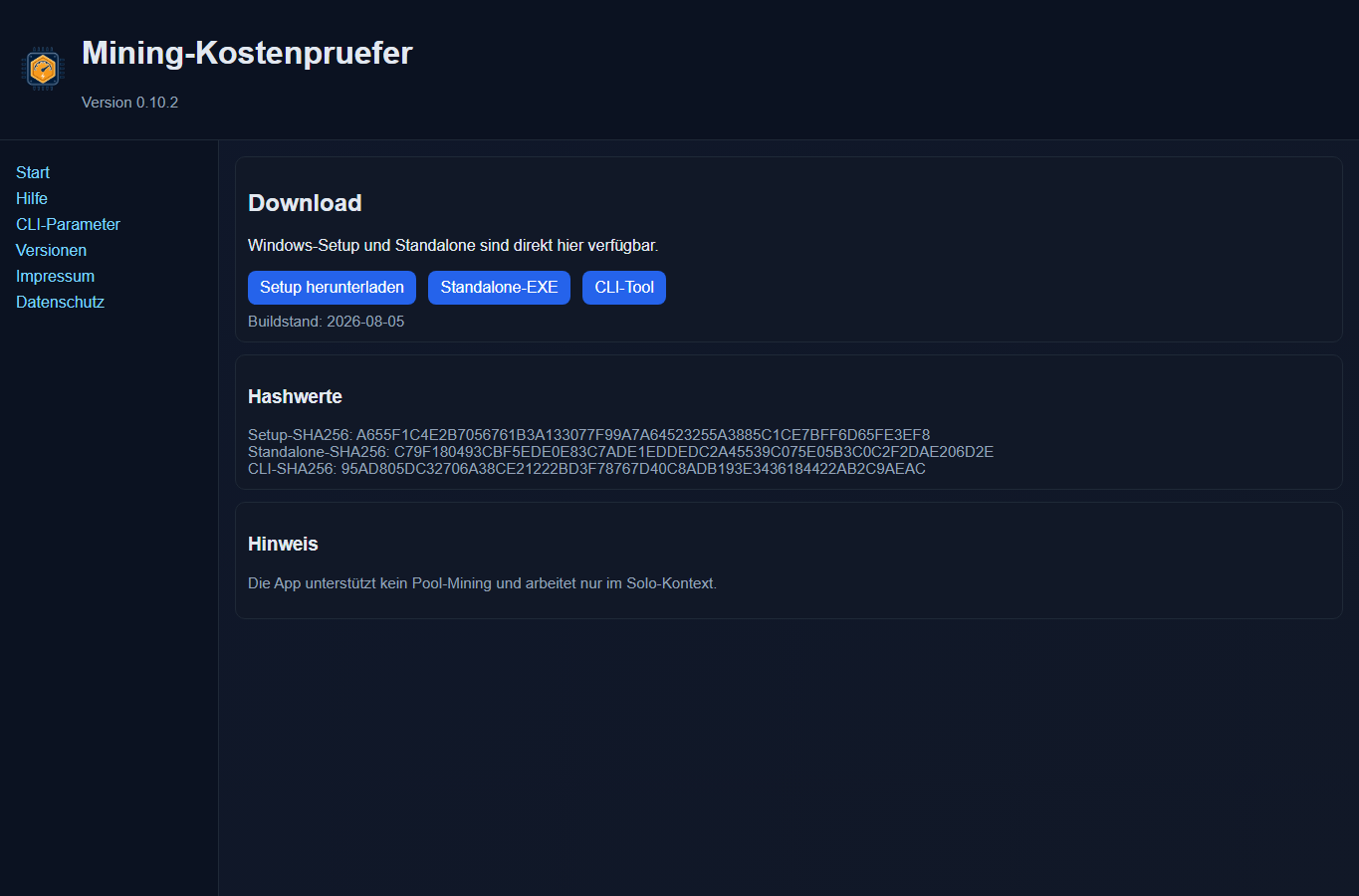 Screenshot: Mining Kostenprüfer