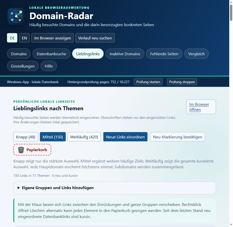 Domain-Radar mit Domains, konkreten Seiten und Suchfeldern