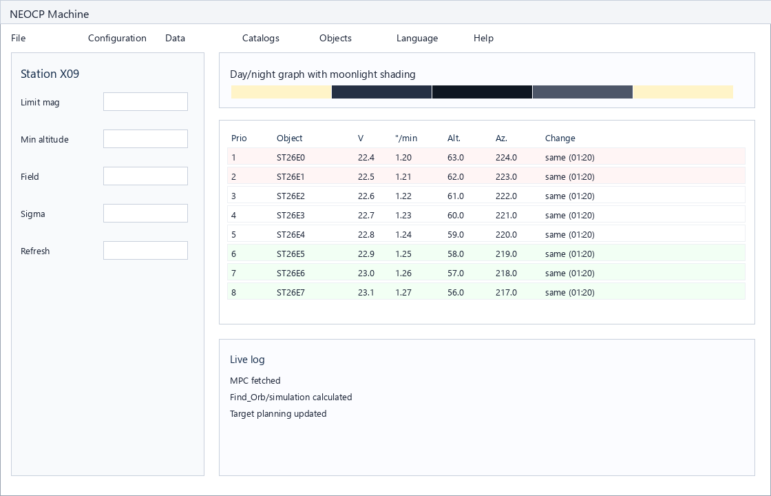 NEOCP Machine main window