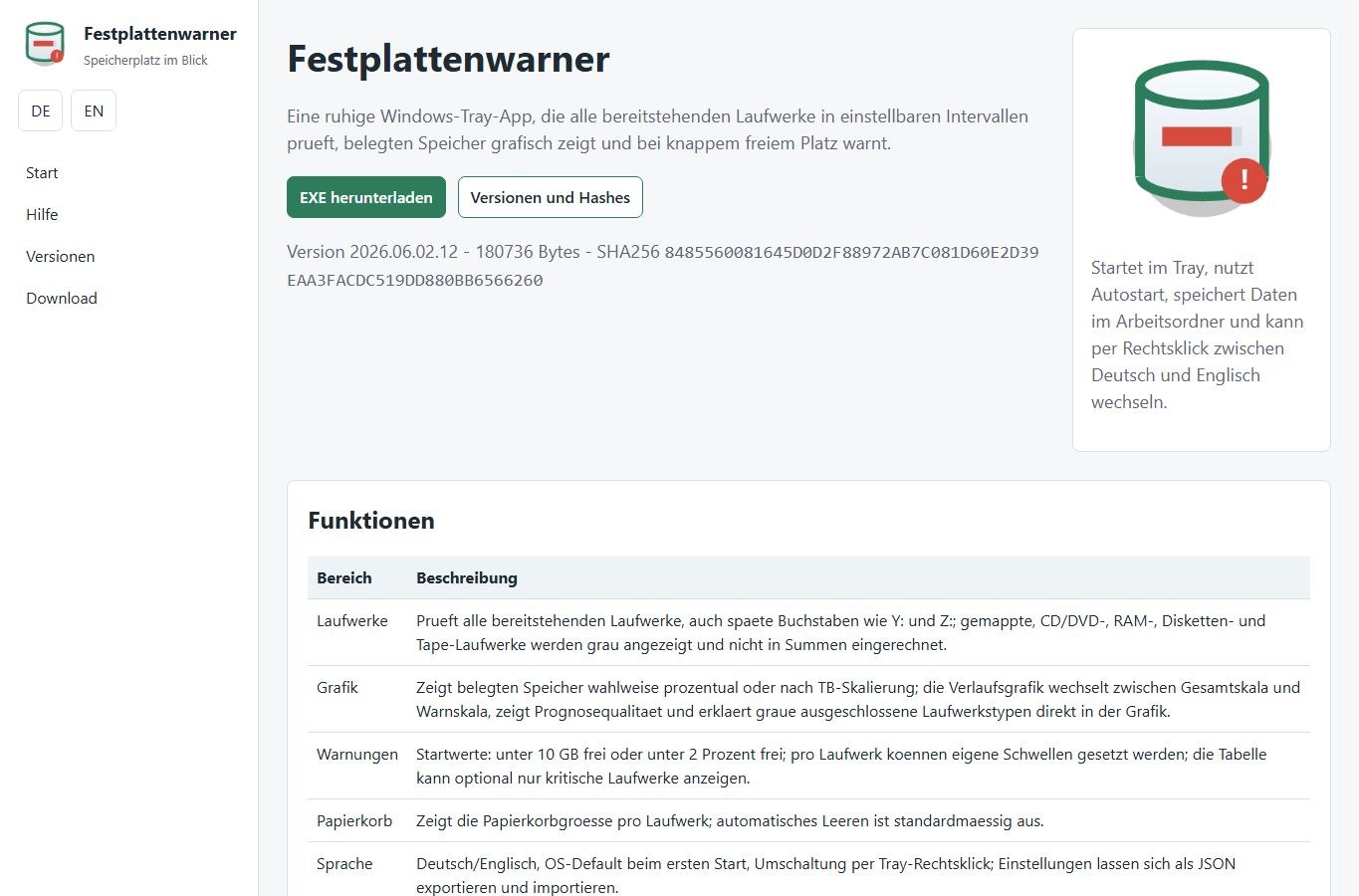 Screenshot: Festplattenwarner