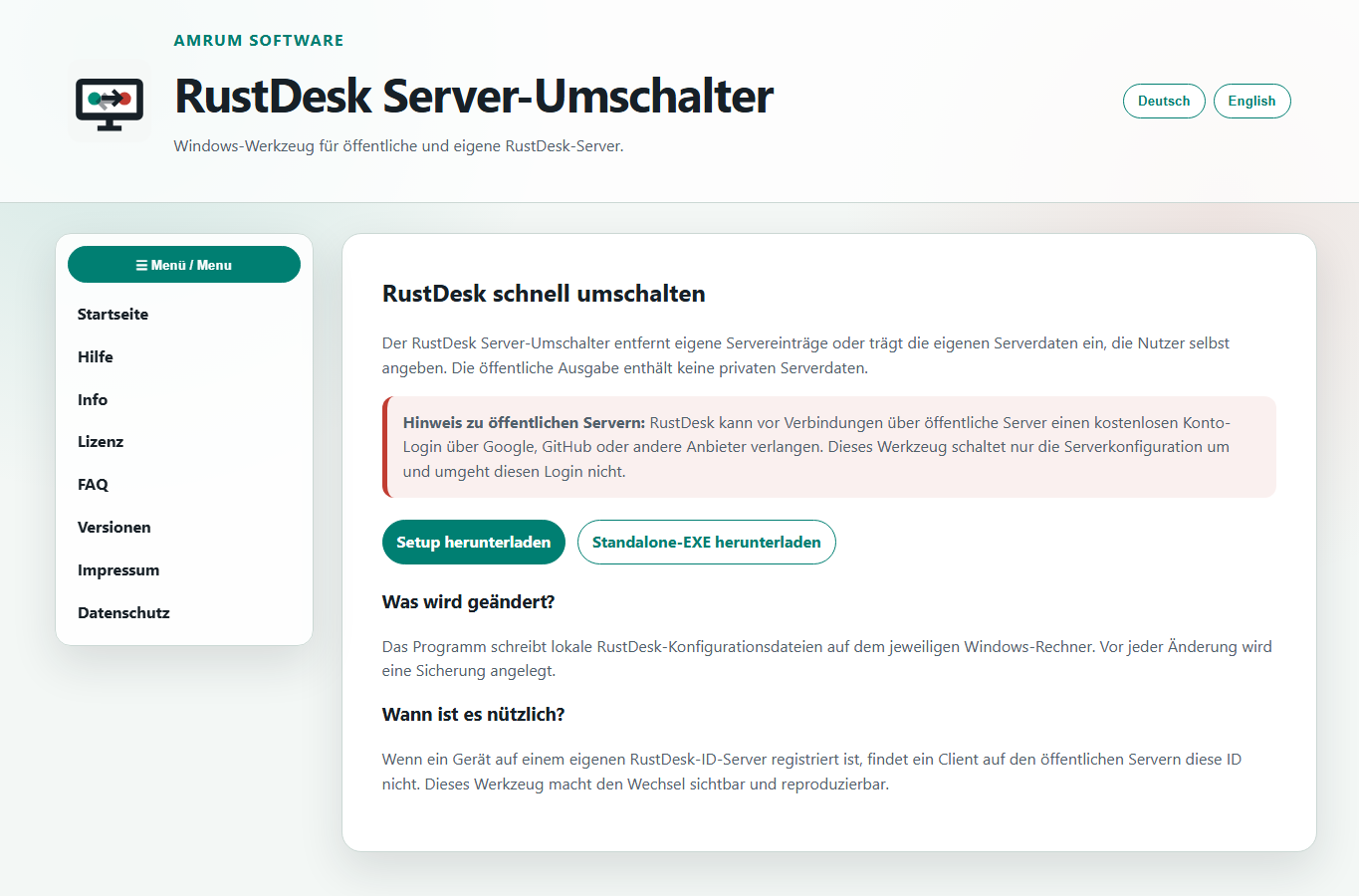 Screenshot: RustDesk Server-Umschalter